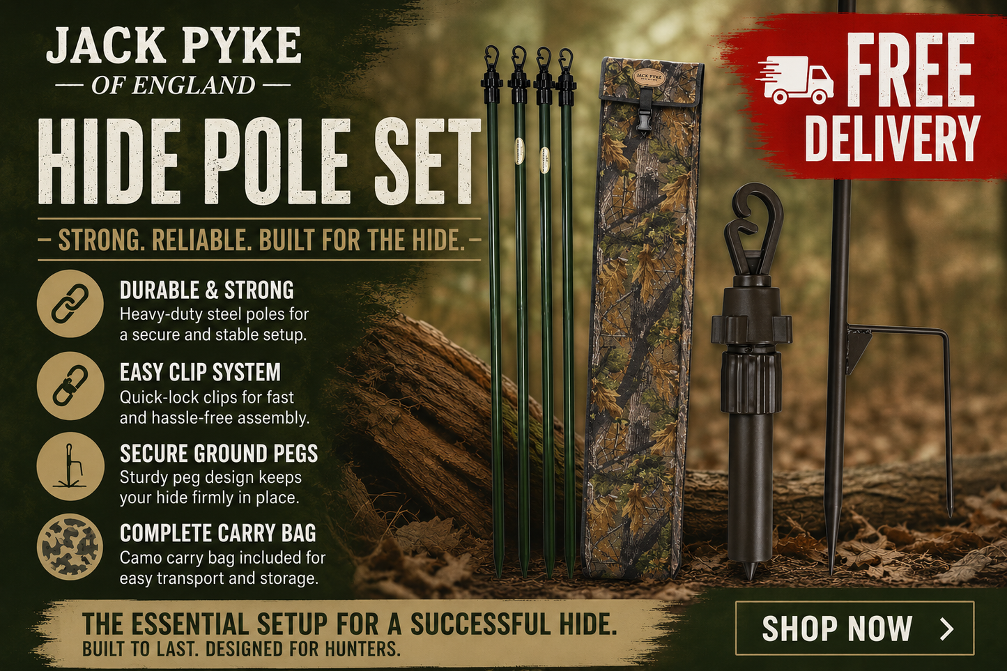 Jack Pyke Super Hide Pole Evo Set 4x poles & Bag. (Free delivery to UK)